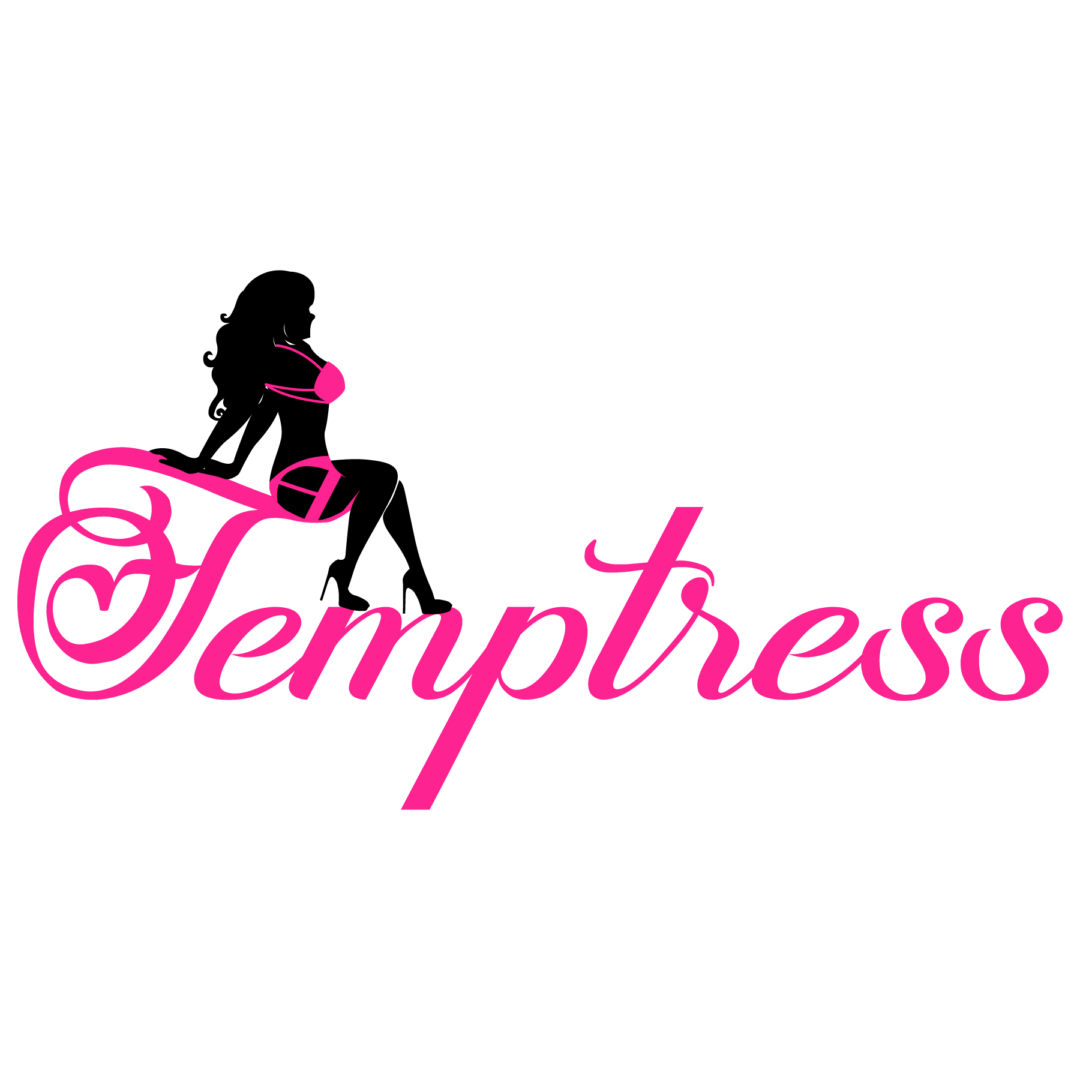 A pink and black logo with the word temptress